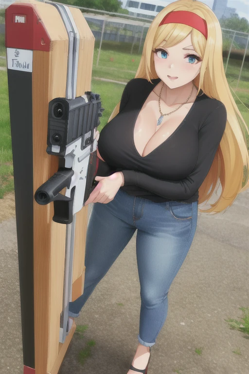 Highest quality、Ultra HD、One Woman、(blonde long hair 1.3)、(1 open-necked black shirt.3)、(Jeans 1.3)、(Red headband)、(Black Heels 1.1)、((Shoot a gun 1.2))、(Silver necklace)、(Beautiful face with sharp eyes 1.2)、(tall)、Red bracelet on left wrist、(Cleavage 1.1)、40-year-old woman、Slender body、(Daytime city background 1.2)、((Clear and beautiful touch))