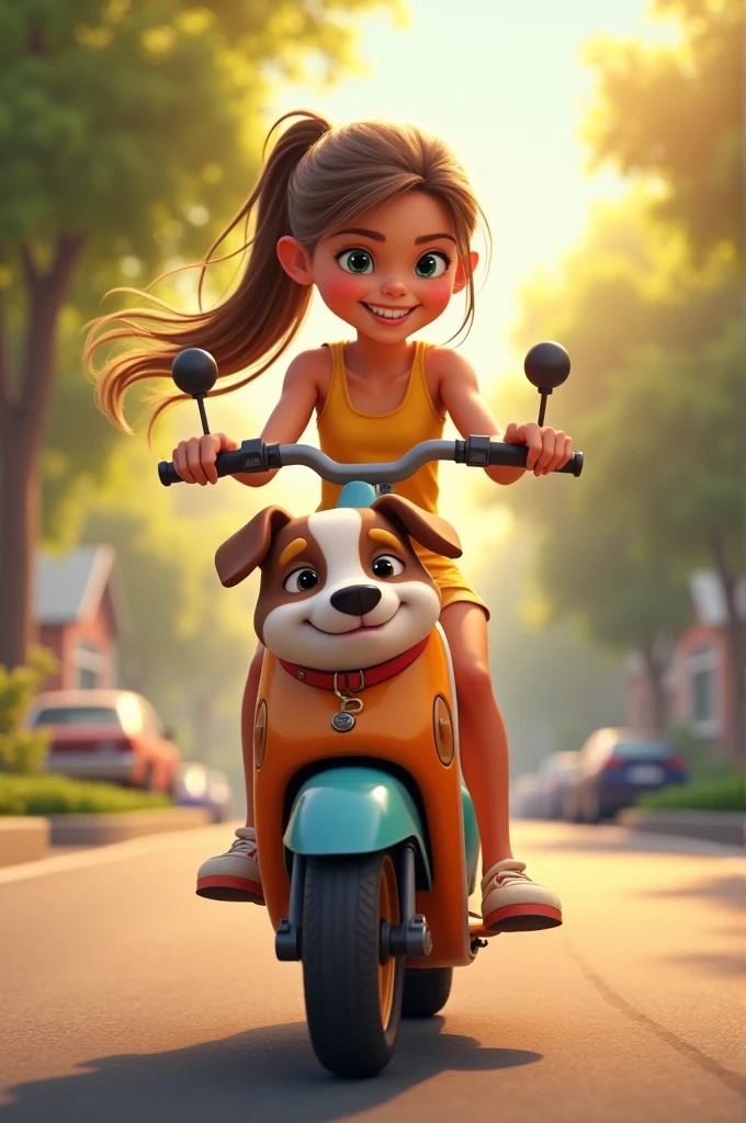 Girl on a scooter with a dog behind her. We see the girl from behind and the dog from the front.