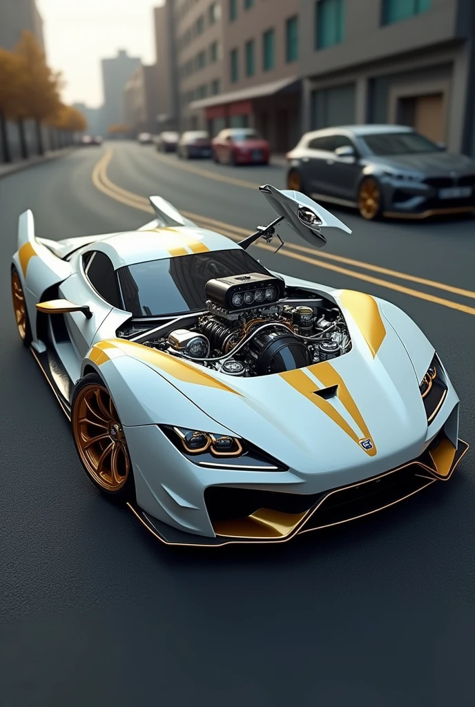 a dodge challenger inspired sports car, mustang, with bmw is gtr r36 skaylina matte white color with stripes and gold details showing the engine and seagull doors