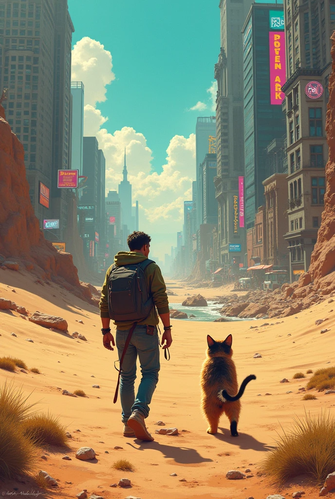 A man is in desert he found a cat. Cat is a superhero. 
Cat help him to go from desert to city. And they are in a city not in desert 
