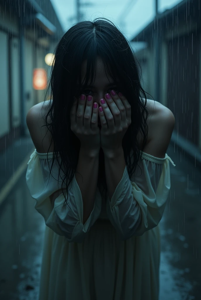 Japan,Dark,horror,real,rain, White woman crying.