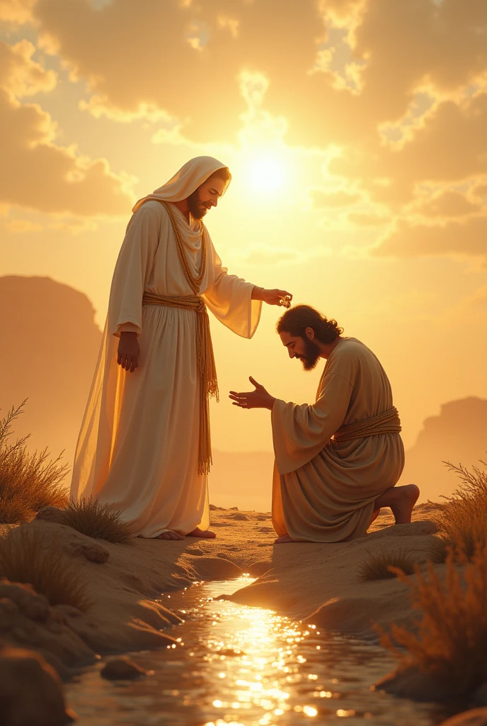 create an image of a 40 year old man, dressed in a tunic, on his knees in the desert, arms open, head bowed and at his side a man standing dressed in white linen, with a wide golden belt, similar to Jesus, his face shines like the midday sun, his feet look like bronze, his hair is white like wool, he is pouring oil with his hands on the head of the kneeling man, prophet's anointing oil, the sun shining on the horizon, and a small river run to the bottom