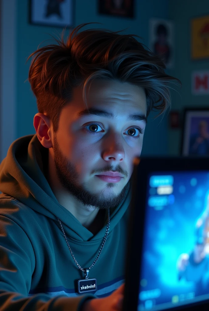 A bearded boy playing video games, with the name on a chain written XxKeevinFrxX. 
