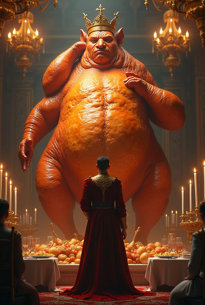 a super juicy giant roast chicken, with a prince looking at him