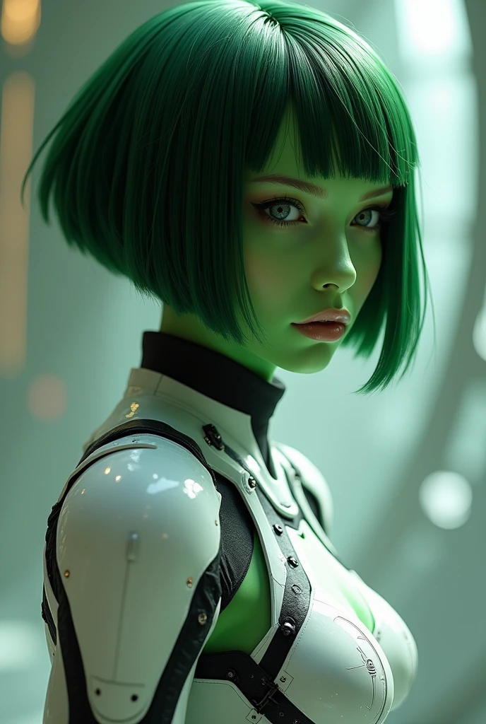 1girl, alien, beautiful, green skin, dark green hair, seamless bob cut, white cybernetic armor, full bodysuit, black accents, uppee body shot, sci-fi, shoulder pads,