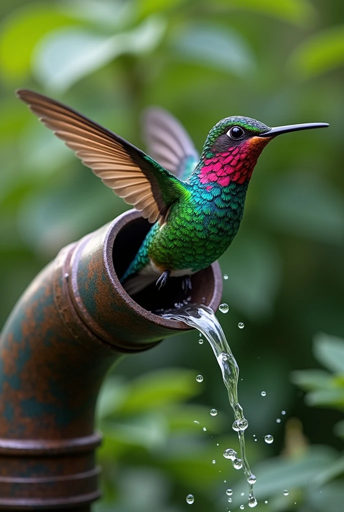 A colorful hummingbird emerges from a pipe wave