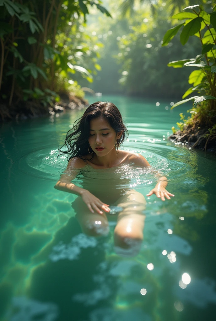 (hyper realisitic), (Best Quality), (A high resolution), (8K),(Ultra-precise and fine),(masutepiece),(Get your full body),Solo,Beautiful 18 year old myanmar woman with golden hair taking a full-body bath in beautiful lake with magnificent view,Colossal tits,Raise hair with both hands,little smiling,Wet and dripping hair,Wet and shiny skin,A little splash