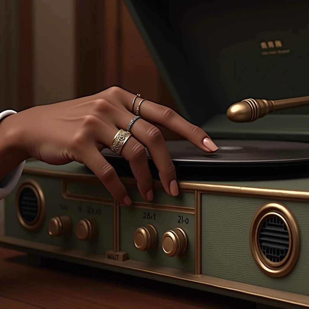 A black girl's finger pressing play on an old music player, beautiful finger nail, rings, antique