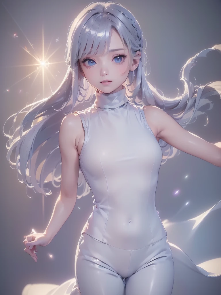 ((masterpiece:1.5、8k、Portraiture、フォトリアリスティックでVery detailedなCG、Very detailed、Particle Effects、Dynamic Effects、Written boundary depth、Cinematic Light、Lens flare、Ray Tracing、Tabletop、Realistic:1.4、Ultra-high resolution:1.2、Realistic、Realistic))((alone、Turtleneck sweater,No sleeve, short pants, Detailed face、bright表情、young, bright, Whiter skin、Medium chest、Side bust, Best Looks、Ultimate beauty、Shiny silver hair with highlights、bright and shiny hair,、Modern Hairstyles、Hair dancing in the wind))(Plain background)