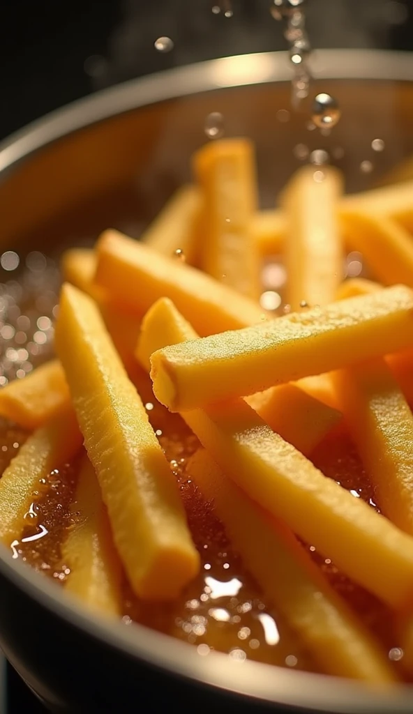 (masterpiece, best quality, ultra-detailed, photorealistic, cinematic lighting), A hyper-detailed, high-contrast, 8K HD image of golden french fries being deep-fried in hot oil, with each fry perfectly crisp and golden brown. The fries are submerged in the oil inside a metal basket, with bubbles and droplets of oil sparkling in the warm, inviting light. The focus is on the fries as they sizzle in the oil, capturing the appetizing texture and the moment of cooking. The background is slightly blurred to emphasize the fries, giving a sense of freshness and deliciousness. The image should evoke a sense of craving, highlighting the perfect golden color and the crispiness of the fries.
