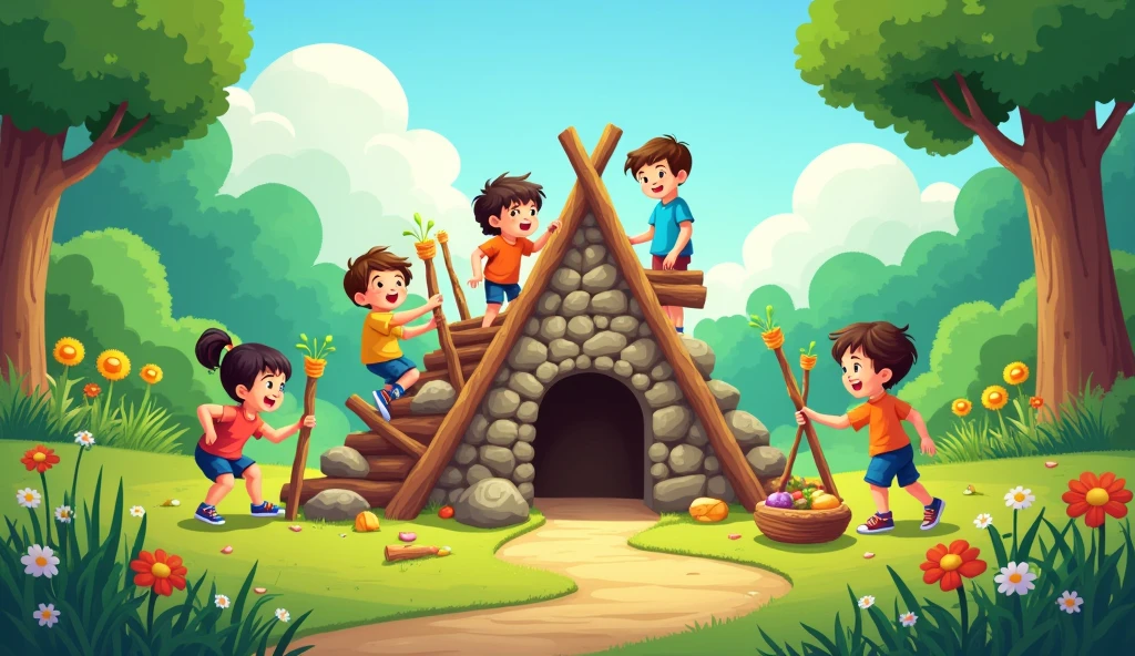 Create an illustration of a whimsical outdoor scene where children are building a fort using sticks and stones. The fort is taking shape in a lush, green forest with a mix of tall trees and colorful flowers around. The children, full of excitement, are gathering and arranging the materials to make their fort sturdy and fun. The sky is bright and clear, adding to the cheerful atmosphere of their imaginative adventure.