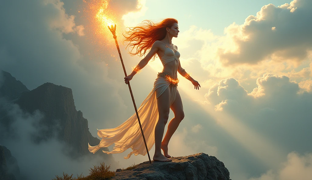 A powerful goddess with fiery red hair and a fierce expression dances energetically atop a mountain peak, surrounded by swirling clouds. She is adorned in a minimalistic, shimmering costume that highlights her toned physique. Her body is adorned with glowing tattoos, and she holds a staff that radiates light. The scene is alive with movement, as beams of sunlight break through the mist, casting dynamic shadows and illuminating the vibrant landscape below. Aim for realistic depiction, make sure photos are at highest resolution (8K)