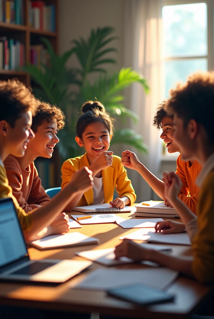 a group of young students bumping fists and sitting at a table that has papers, notebooks and laptops