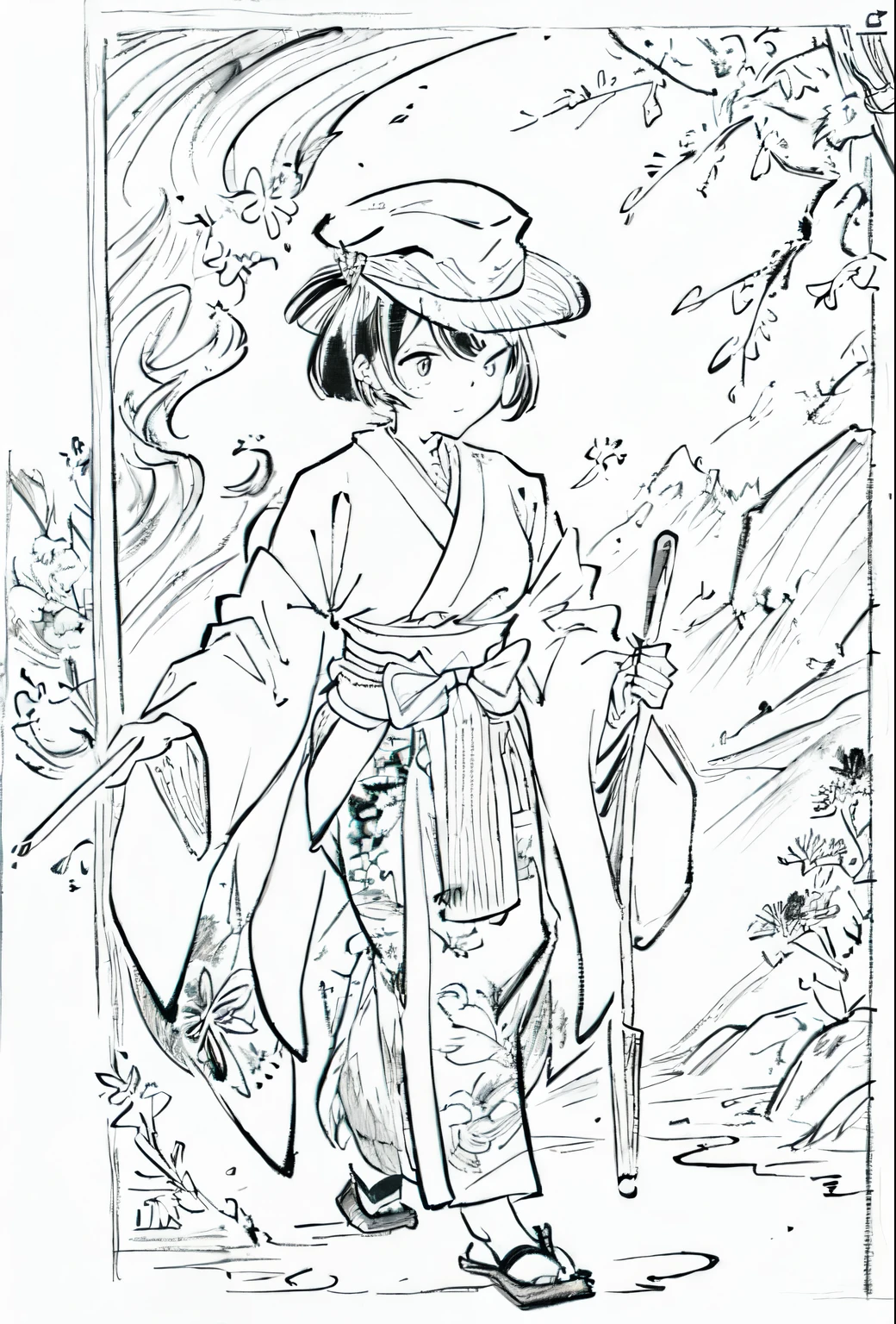 A painting of a costumed woman holding a hat and a walking stick, pencil and Ink Manga, by Junpei Sato, By Yuki Ogura, Beautiful line art, Pencil and ink cartoon, Masamune Shirowのスタイル, Masamune Shirow, Ink Manga, By Hideyuki Kikuchi, Very detailed fan art