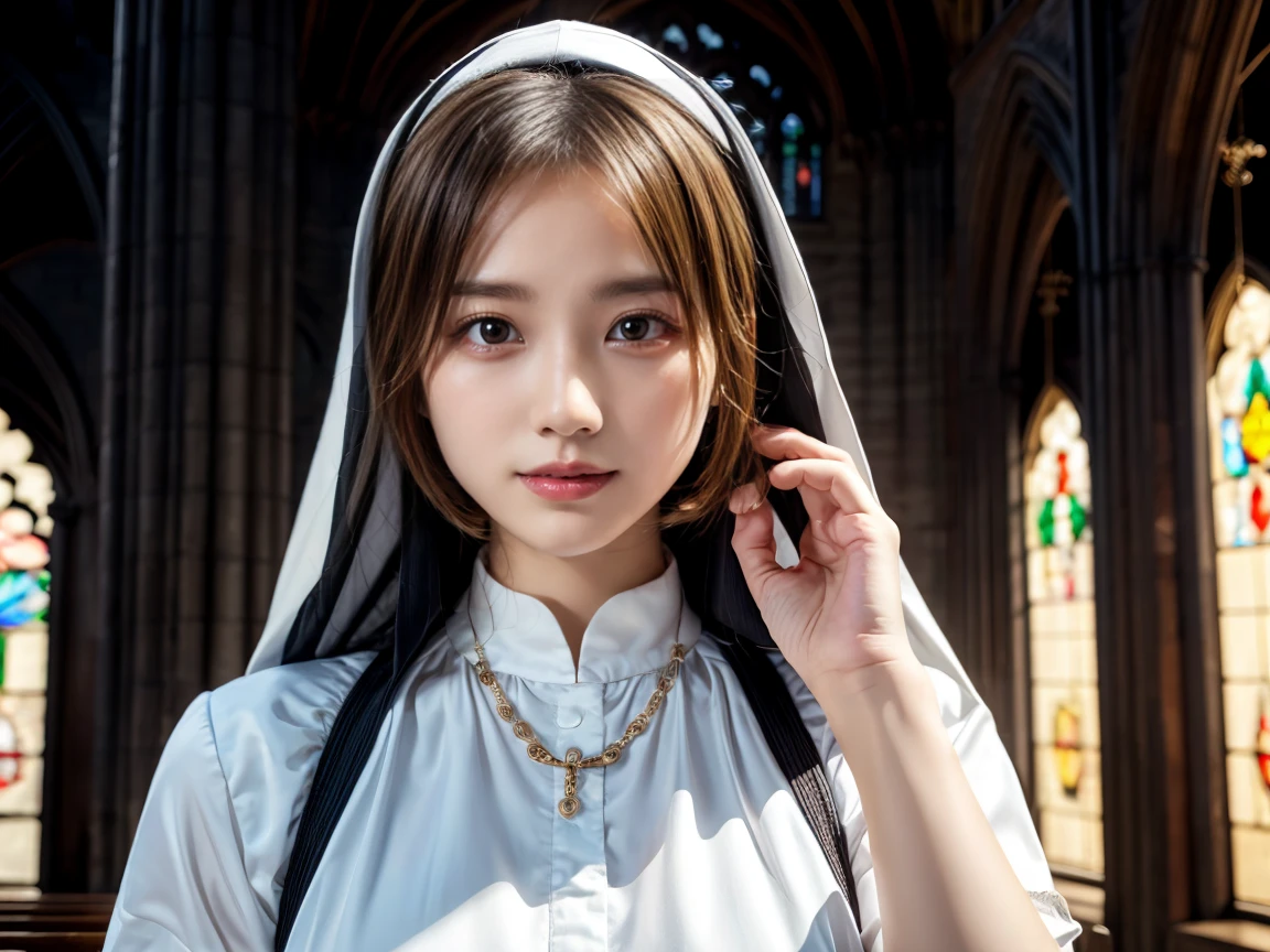 ((masterpiece、Highest quality、Realistic、Ultra-detailed、High resolution、Photorealistic、Sharp focus、Like the picture、RAW Photos、Cinematic lighting、Face Light))、Bust Shot、Photorealistic portrait of a stunningly beautiful woman、Adult Beauty、Smile、Highly detailed brown eyes、Symmetrical, realistic face with great detail、Nun with a rosary in her hand in the cathedral、Veiled Nun、Orthodox nun clothes、Breast bulge、 drooping eyes 、Highly detailed natural textures、Extremely detailed、Ultra-realistic textures、Look at the viewers、short hair