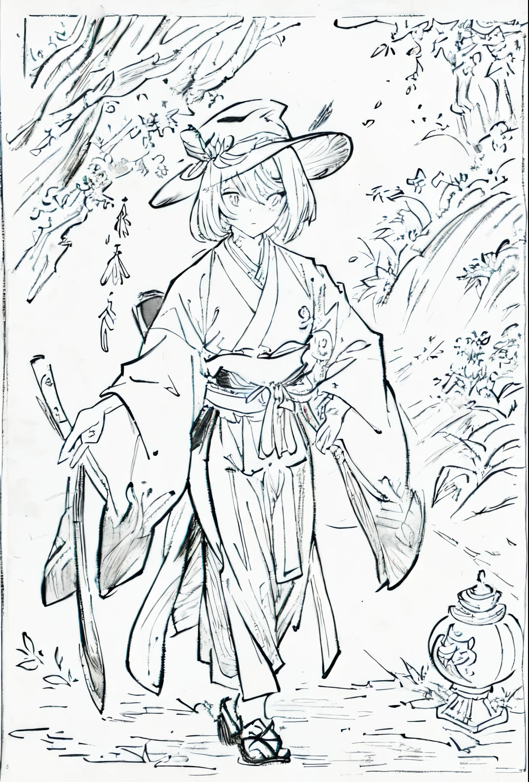 A painting of a costumed woman holding a hat and a walking stick, pencil and Ink Manga, by Junpei Sato, By Yuki Ogura, Beautiful line art, Pencil and ink cartoon, Masamune Shirowのスタイル, Masamune Shirow, Ink Manga, By Hideyuki Kikuchi, Very detailed fan art