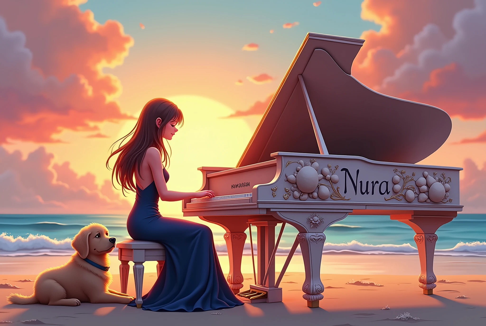 "A warm, fantasy cartoon-style scene featuring a graceful woman playing the piano on a tranquil beach at sunset. The woman, with long, flowing hair moving gently in the ocean breeze, wears an elegant, navy blue dress that drapes beautifully. The piano she plays is a beautifully crafted, ornate instrument with intricate designs inspired by seashells and starfish. The name 'Nura' is elegantly engraved on the front of the piano in a flowing, stylish script. Beside her, a loyal and fluffy dog rests peacefully, gazing at her with affection. The sky, awash with hues of pink, orange, and purple as the sun sets, casts a warm, golden light over the scene, creating an atmosphere of calm and enchantment."