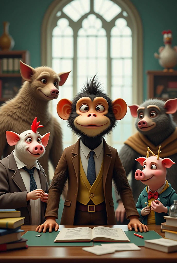 A Monkey with A Dog with A Hen with A Bear with A Pig with A Cockroach in college