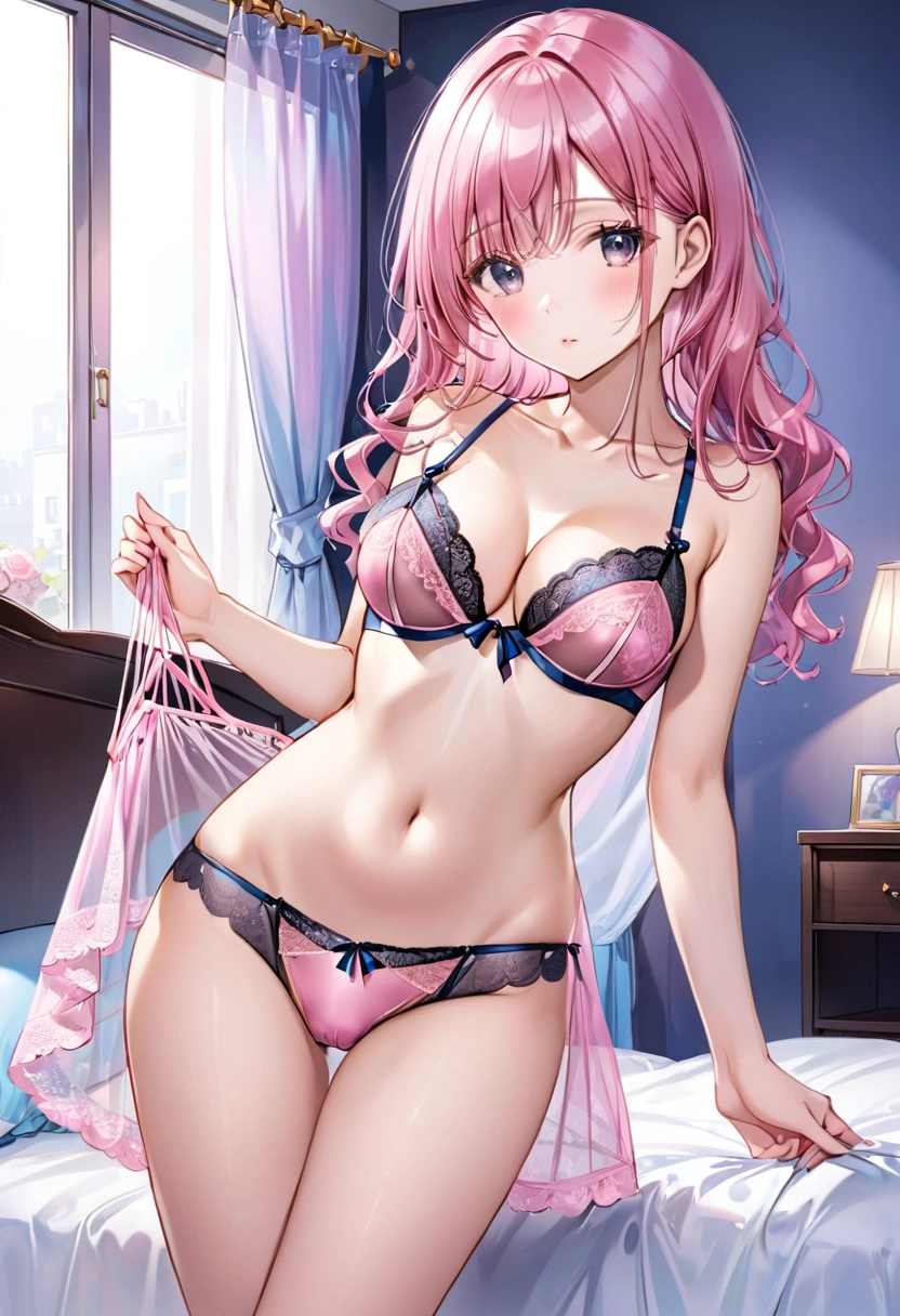 青いロングドレスとガーターベルトを着たwomanが写真撮影をしている, wearing sexy lingerie, lingerie, brigt pink shiny lingerie, woman, Intricate and elaborate lace set, laced lingerie, iridescent shiny sheer lingerie, 3 pieces, lingeries beauty, Sexy push up bra, wavy lingeries, lingerie!!, satin, Background is the bedroom、Stand in front of the bed