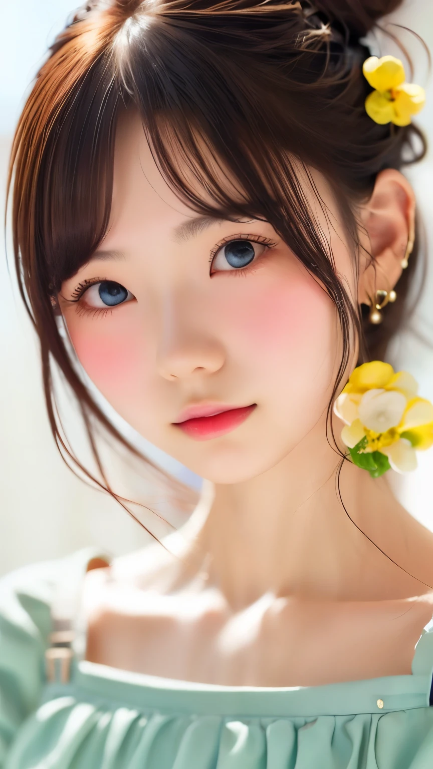 cute, (Ash Blonde Hair), ((Hair Bun)), Perfect Face, An innocent smile, Upper Body,(blue eyes), (Yan), (small), (thin), ((small胸)), ((Only )), Skin dentition, Very detailed, Attractive oval face, Red lips, pink, Glowing Skin, thin髪, Face Focus, Chest close-up, Gorgeous hair ornament, Gold earrings, ((1 person)), Embarrassed expression,