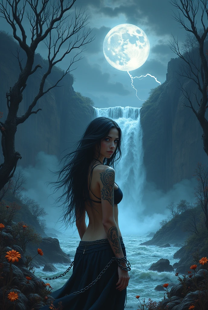 En arrière-plan, une imposante cascade se précipite du haut d'une falaise rocheuse, ses eaux s'écrasant avec fracas dans une rivière en contrebas. La cascade est éclairée par une lune pleine et argentée, dont la lumière se reflète sur les flots agités, créant des reflets scintillants. Le ciel nocturne est sombre et menaçant, avec d'épais nuages noirs zébrés par des éclairs puissants, illuminant par instants le paysage d'une lueur blanche et inquiétante. Au second plan, une végétation sombre et inquiétante s'étend, composée de fleurs noires d'une beauté étrange, leurs pétales veloutés contrastant avec l'obscurité ambiante. Autour de ces fleurs, des arbres tordus et effrayants se dressent, leurs troncs noueux et leurs branches déformées semblant sortir d'un cauchemar. Ces arbres sont marqués par des traces de sang séché, donnant l'impression qu'ils ont été témoins d'horreurs indicibles. Au premier plan, une jeune fille se tient attachée à un grand rocher rugueux, ses poignets liés par des chaînes en fer. Elle est debout, dans une posture fière et résolue, levant une main délicate mais ferme vers le ciel, comme si elle défiait les forces menaçantes qui l'entourent. Son corps est recouvert de magnifiques tatouages tribaux et mystiques, qui semblent briller légèrement sous la lumière de la lune, ajoutant une aura magique à son apparence. Elle a de longs cheveux noirs qui flottent légèrement dans le vent, encadrant son visage pâle et déterminé. Ses yeux d'un bleu glacial sont perçants, reflétant une force intérieure et un désir de vaincre, malgré la situation difficile dans laquelle elle se trouve. L'ensemble de la scène est à la fois terrifiant et envoûtant, mêlant la beauté sauvage de la nature à des éléments surnaturels et sombres. La lumière de la lune, les éclairs et l'atmosphère ténébreuse créent un contraste saisissant entre le danger et la résilience de la femme sexy .