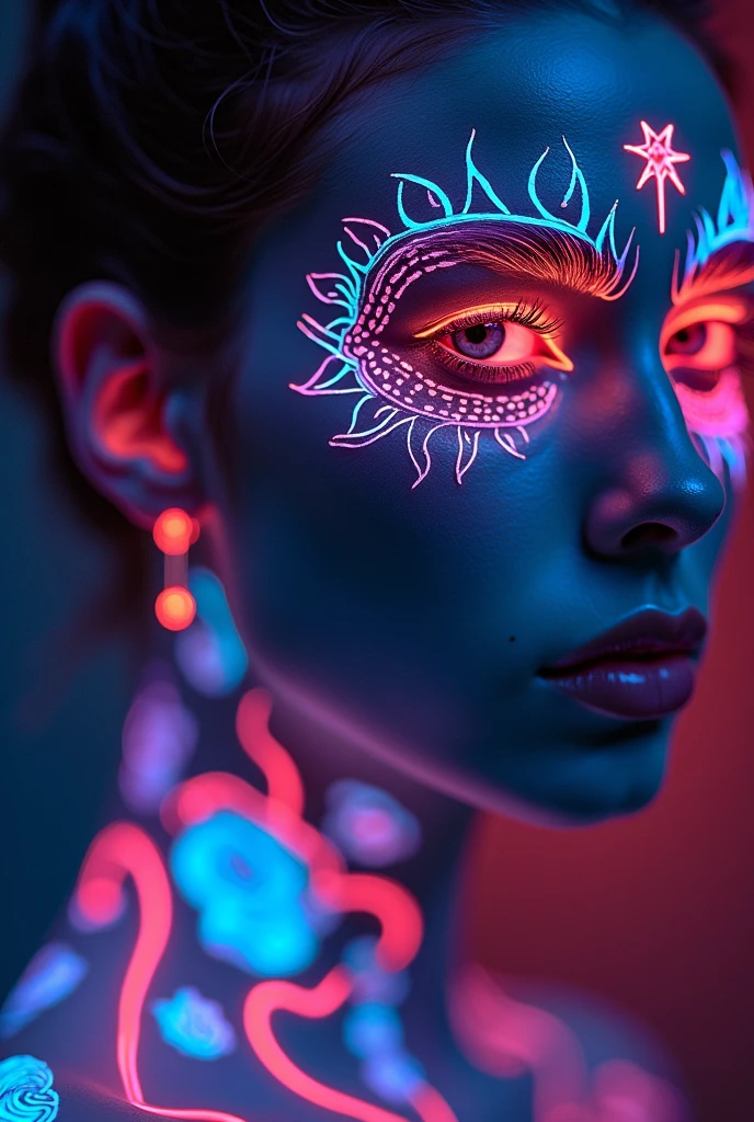 an illuminated fit female body decorated with strange colorful tattoos, in the style of orange epoxypropyl uv-reactive ink inspired installations, dark navy and yellow, nordic and tribal influence, glowwave, monochrome portraits, neuron inspired