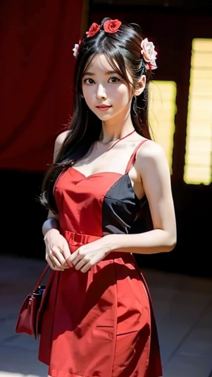 An anime girl wearing a red and black dress with a red flower in her hair, artwork in the style of Gwaiz, Gwaiz, Chinese Girl, Trending on cgstation, Cute anime waifu in a nice dress, Gwaiz on pixiv artstation, palace , Girl in Han Dress, Beautiful digital art, Gwaiz on artstation pixiv