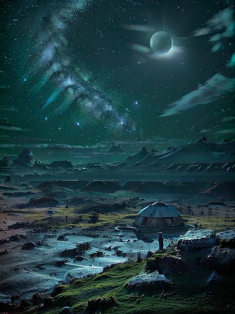 Full moon, shooting star, telescope, small stargazing hut, shining grassland 