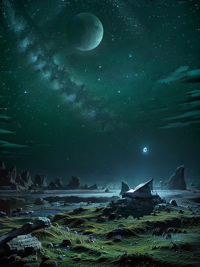 Full moon, shooting star, telescope, small stargazing hut, shining grassland 