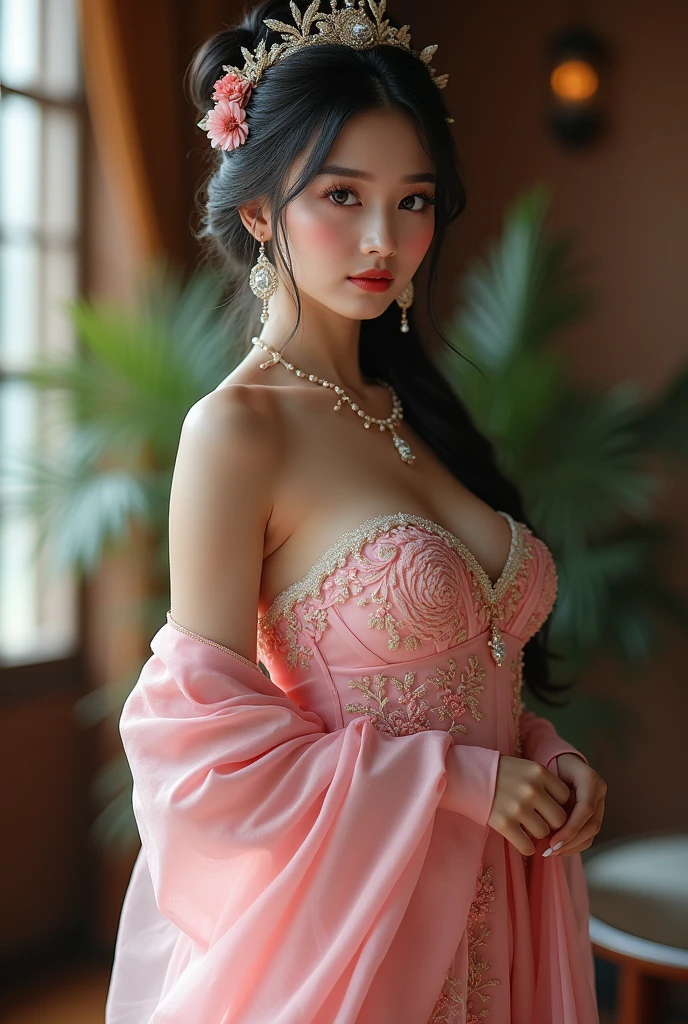 (((1 beautiful girl wearing see-through red pajamas that see her underwear:1.8))), super beautiful nipple, style naked, ((Sexy nightgown with red lace trim:1.9)), ((super transparent dress:1.8)), ((wearing black lace stockings and sexy stocking clips:1.7)), ((long black hair:1.8)), bangs, elaborate jewelry made from precious stones and beautiful hair, the noble, noble style of an extremely girl beautiful, very pretty and lovely face, ((bright face:1.2)), very pretty face, thin eyebrows, eyes are so beautiful and perfect, flawless beautiful face, ((black pupil: 0.8)), very beautiful eyes, ((eyes silver: 1.5)), ((light purple eyeshadow makeup is very attractive and devilish:1)), beautiful makeup and detailed hairdo, eyelashes, steamy eye makeup, high nose, earrings, plump red lips, beautiful and balanced lips, ((closed mouth: 1.8)), slim hands, beautiful thighs best, ((Sitting position, chest puffed out and arms behind: 1.6)), ((unbutton the girl's shirt:1.6)), ashamed, rosy face, clean face, flawless beautiful face, smooth white skin, (big breasts: 1.3)), ((high breasts: 1.6)), firm breasts, beautiful cleavage, (((big and super round breasts: 1.5))), ((super tight breasts: 1.5)), beautiful breasts, busty breasts, ((slender, sexy and hot body:1.6)), thrust your chest forward, 8k photo, super high quality, hyper realistic, super 10x pixels, optical, studio bright, edge bright, two-tone lighting, (high detail skin: 1.2), super 8k, soft light, high quality, volumetric light, optical, high resolution optical, light, best photo, 8k quality, smooth sharpness, (((bright white skin, super bright background: 1.2))), (((super bright skin:1.5))), bright colors harmonious light, ((Falling peach blossoms background:1.5)), aurora, lightning, surreal graphics, most realistic graphics, alone, solo, Extremely sharp, surreal images, look at the beautiful girl's body, (((frontal portrait: 1.2)))."