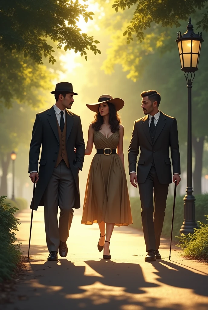 Imagine a bright summer day, when the warm rays of the sun softly break through the treetops in the park. A charming girl in an elegant hat is strolling along one of the shady alleys., creating an aura of mystery and sophistication around her. Next to her walk two gentlemen with neat moustaches., dressed in stylish suits and holding canes. Their voices sound in unison, discussing the latest news and events, and their conversations are filled with wit and erudition. An atmosphere of calm and tranquility reigns around them., which is only slightly disturbed by the rustling of leaves and distant sounds of the bustle of the city. This place seems ideal for a leisurely stroll and pleasant conversation., where every moment is filled with beauty and harmony.