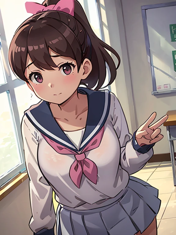 Shooting in the classroom,Show the whole body(Mastepiece,1, alone,,) (Kodama Fumika)ponytail,Pink ribbon,Big Breasts,Cleavage,Cleavageを見せる,Sailor suit