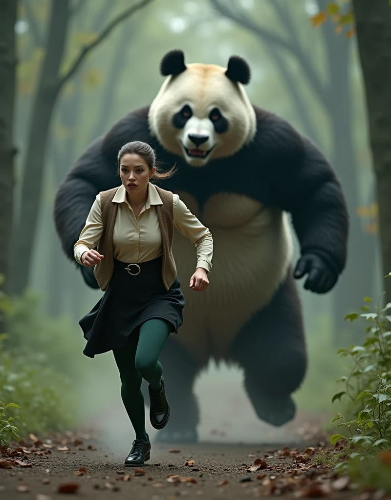 ((Highest quality)), ((Gray female pigeon)), ((Giant panda holds up a refrigerator with both hands)), (Angry Giant Panda), A giant panda chases after you, Gray female pigeonが全力で走って巨大パンダから逃げている, Gray female pigeonがオフホワイトで襟付きの半そでシャツに薄茶色のベストを着てひざ丈の黒いスカートに濃い緑の靴下と黒の靴を履いている, 筋肉質なGray female pigeon, The background is a grassy forest, ((horror movie posters)), Photorealistic images,