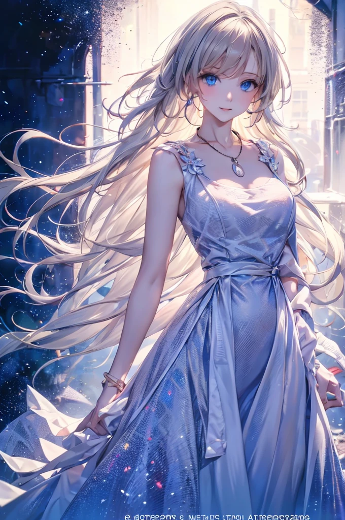 (Full body posing:1.5), (Colorful:1.2), (Highly detailed CG Unity 16K wallpaper:1.1), (Denoising strength: 1.45), (tmasterpiece:1.37),(The best lighting, Best Shadow), (Best Illustration), Dynamic Angle,delicate and beautiful moon,Solo, (Backlight), mid-shot, (the beautiful and delicate girl:1.3), beautiful bare back, (Detailed face:1.2), (Long floating hair:1.2), (Beautiful long dresses:1.2),(masuter piece:1.3),exquisitedetails, Highest quality 8K resolution,Vibrant colors, Warm and gentle lighting,(Smooth straight blonde hair:1.4),(Hair parted in the middle:1.3),(Glowing hair),(Dark blue eyes:1.3),cute smile face,White skin, hair clips,Small necklace,the girl is standing on the water, Beautiful and delicate purple light water surface, reflective water surface, (starrysky) , cold color, From Side,spark of light, Glowing light,Light reflected in water、prisma、Diamond Dust、light falls from the sky、