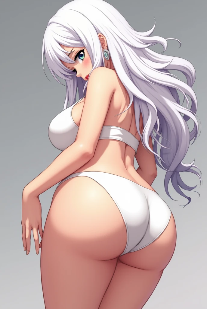  white hair anime, big and voluminous ass and breasts, wearing a bra and shorts the same color as her hair,
Bent over with her ass sticking out towards the screen 