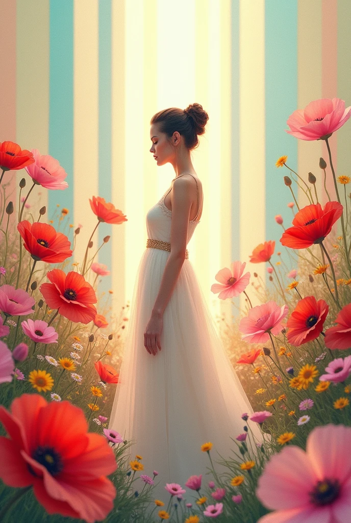 A serene and ethereal scene of a woman amidst a backdrop of vibrant blooms. The woman, with her hair styled in an elegant updo, wears a flowing, translucent dress that seamlessly blends with the colors of the surroundings. She stands amidst a myriad of flowers, including large red poppies, pink blossoms, and yellow blooms. The entire setting is enveloped in a soft, pastel color palette, with vertical stripes of varying shades adding depth to the background. The artwork exudes a sense of calm, beauty, and harmony with nature.