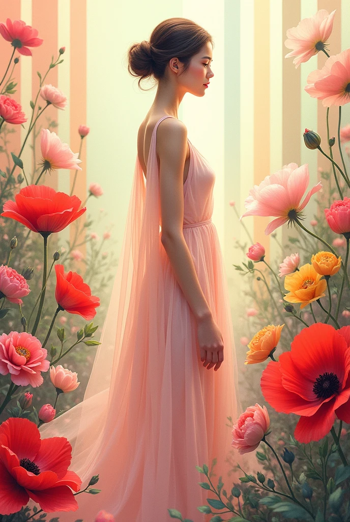 A serene and ethereal scene of a woman amidst a backdrop of vibrant blooms. The woman, with her hair styled in an elegant updo, wears a flowing, translucent dress that seamlessly blends with the colors of the surroundings. She stands amidst a myriad of flowers, including large red poppies, pink blossoms, and yellow blooms. The entire setting is enveloped in a soft, pastel color palette, with vertical stripes of varying shades adding depth to the background. The artwork exudes a sense of calm, beauty, and harmony with nature.