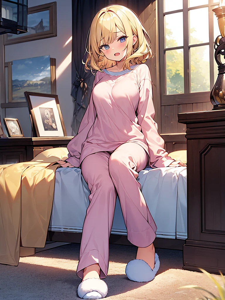 (Masterpiece, Top quality:1.5), full body, (1 beautiful girl, solo:1.2), (short height:1.3), (Cotton Pajama Set with Fuzzy Slippers1.3), Blonde hair:1.1, medium Hair, wavy Hair, asymmetry bangs, swept bangs, airy hair, large breasts:1.1, (sleepy-eyed:1.3), blush:1.2, beautiful scene of living room, magnificent panorama view, blurry background, open mouth, dynamic pose, dynamic angle