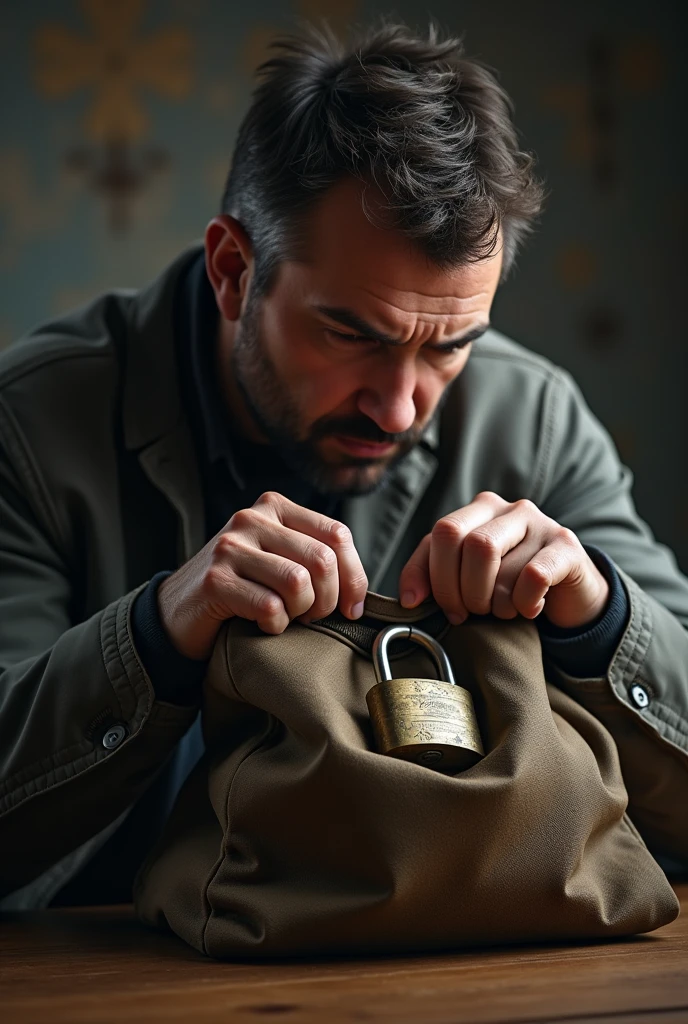 A guy try unlock the padlock on bag