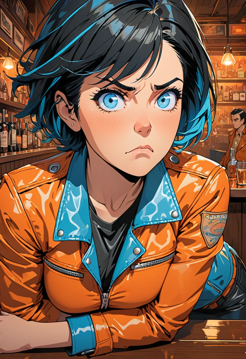 illustration, detailed illustration, ultra detailed, dynamic angle, 40 year old woman, short black hair, hair with cyan streaks, mismatched eyes, orange eye, blue eye, lean, medium breasts, black leather top, orange leather jacket, annoyed expression, cowboy shot, bar interior