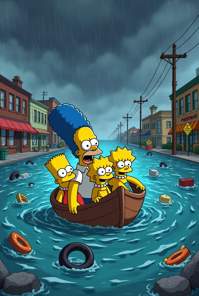 a simpsons style image in portrait ratio of a flood in Springfield with a thunderstorm going on, and the simpsons looking terrified in a boat. there are things floating in the water and it's quite a zoomed out image with lots of the town shown in a flood
