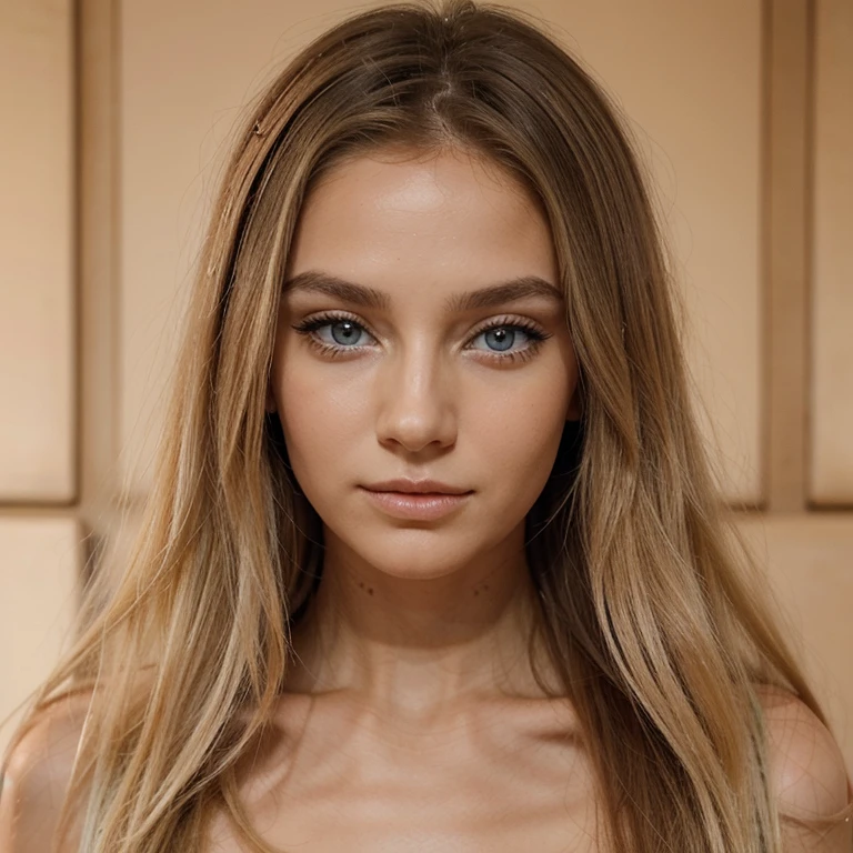 Créez une image ultra-réaliste d'une jeune femme avec les caractéristiques suivantes : cheveux longs et blonds, yeux bleus clairs avec de longs cils et une expression douce. Le modèle doit avoir une peau lisse et éclatante, des lèvres pleines et bien définies, et des yeux en amande, souvent décrits comme des yeux de biche. L'image doit montrer uniquement le visage de la femme, vue de face, avec un éclairage naturel mettant en valeur les détails subtils de ses traits. Assurez-vous que la qualité de l'image est extrêmement haute, avec une attention particulière portée à la texture de la peau et à la clarté des yeux et des lèvres.