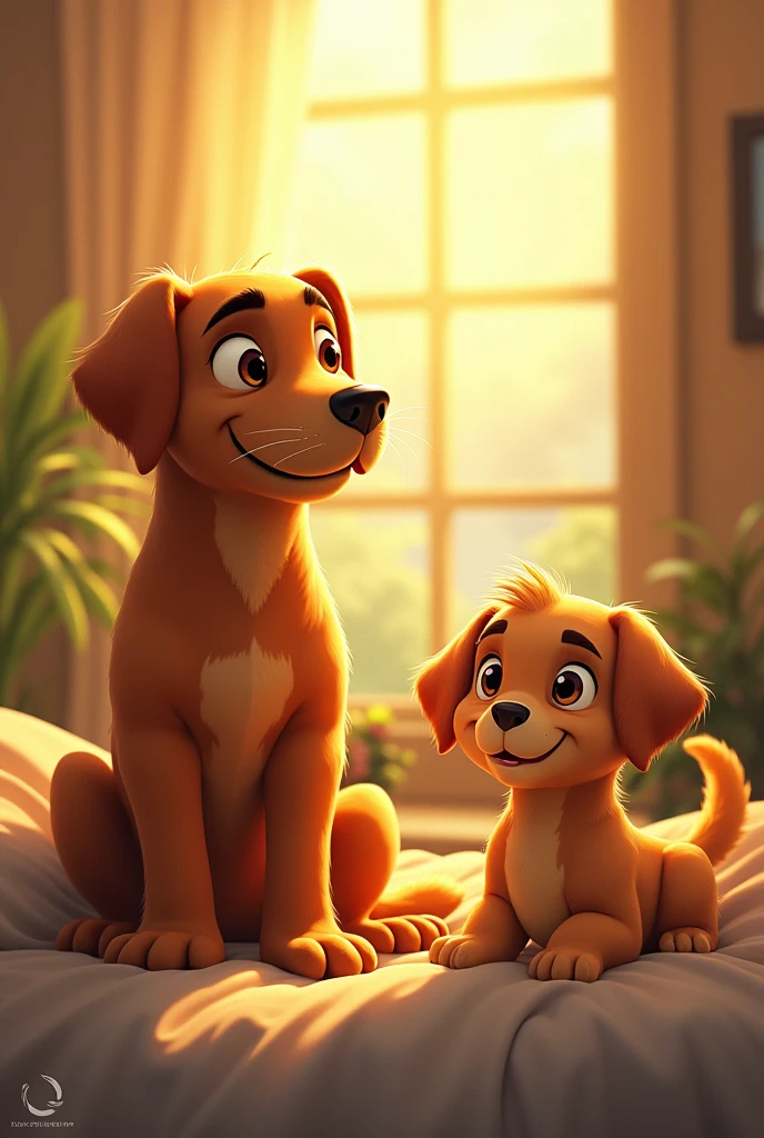 It was a sunny morning when Simba, a caramel labrador with a majestic appearance and wise gaze, woke up with a different feeling. Something was in the air, a sense of adventure he hadn't felt in a long time. Next to you, your son Yoshi, a younger, more energetic caramel labrador, I was already awake, wagging his tail enthusiastically.
