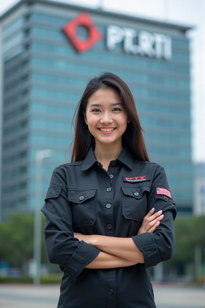 a beautiful staff Asian woman wearing fastRX cargo uniform with the logo, posing in front of PT. RTI Building with the logo, HD quality, bokeh, with a good smile
