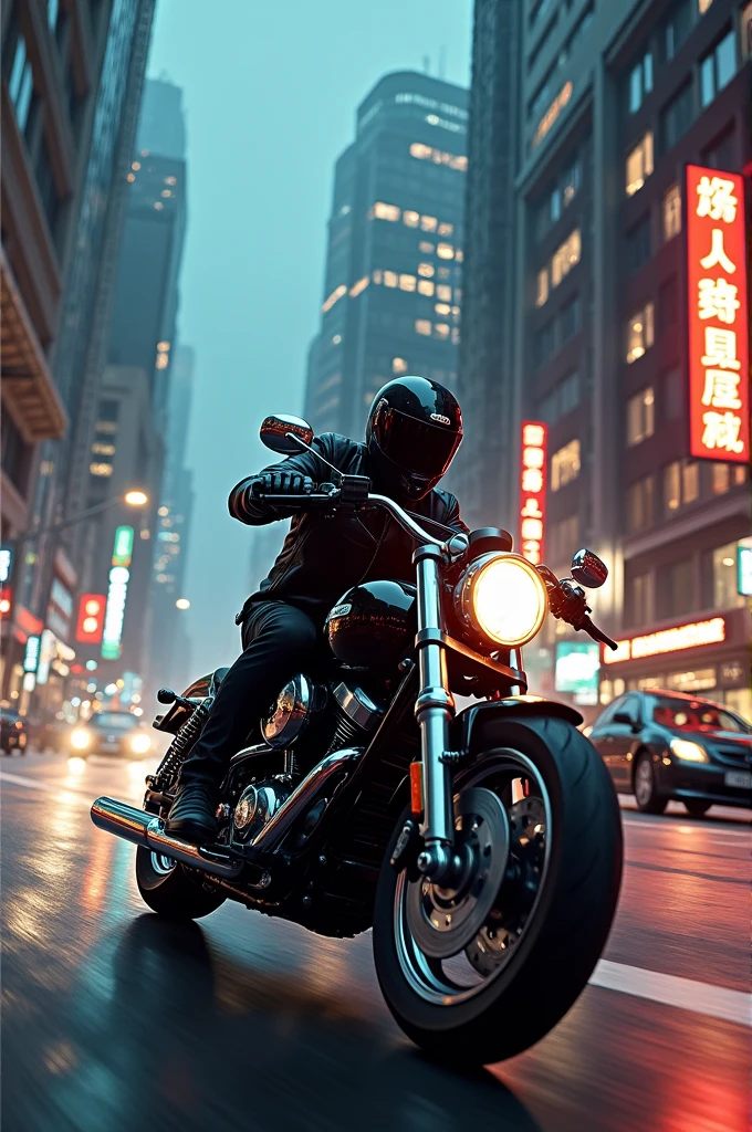 A guy in black rides a motorcycle through the city