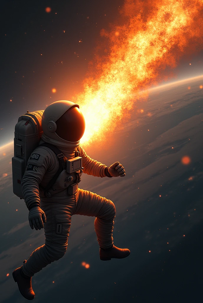 an astronaut is under attack by a fiery meteorite