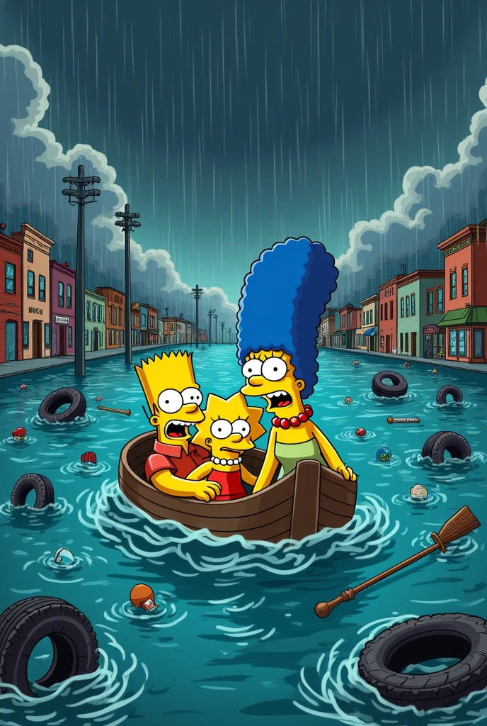 a simpsons style image in portrait ratio of a flood in Springfield with a thunderstorm going on, and the simpsons looking terrified in a boat. there are things floating in the water and it's quite a zoomed out image with lots of the town shown in a flood