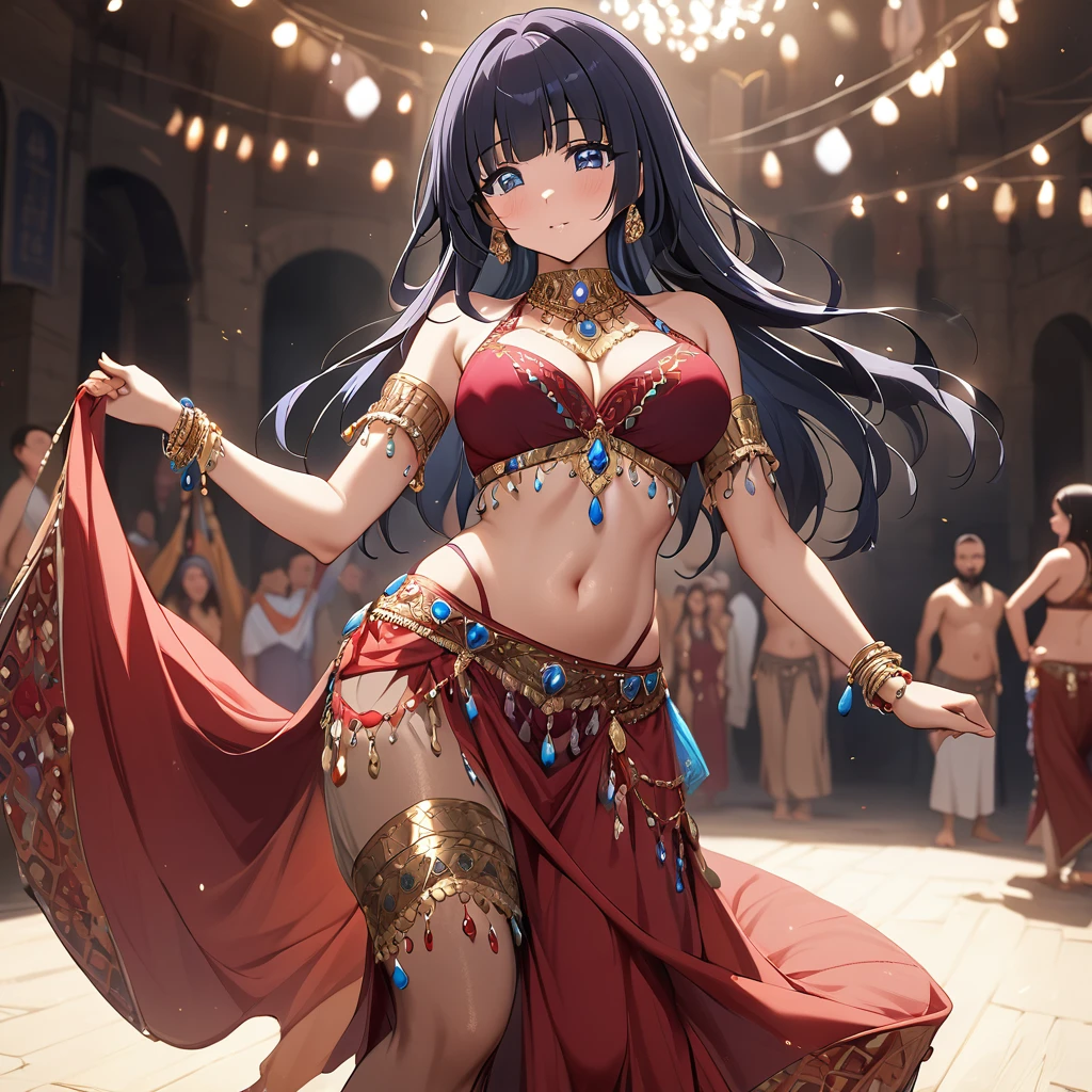 ((Highest quality)), ((masterpiece)), (detailed), (Perfect Face)、The woman is Aoki Reika, a Turkish woman with dark skin and semi-long hair.、A woman is dancing attractive Turkish belly dance wearing a Turkish belly dance dress in Turkey