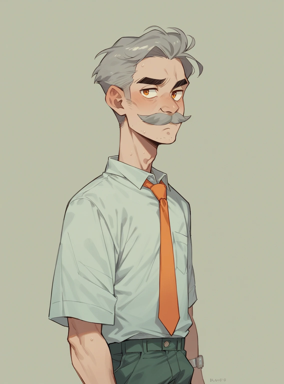 40 year old skinny man with grey mustache and grey hair, standing with orange tie.