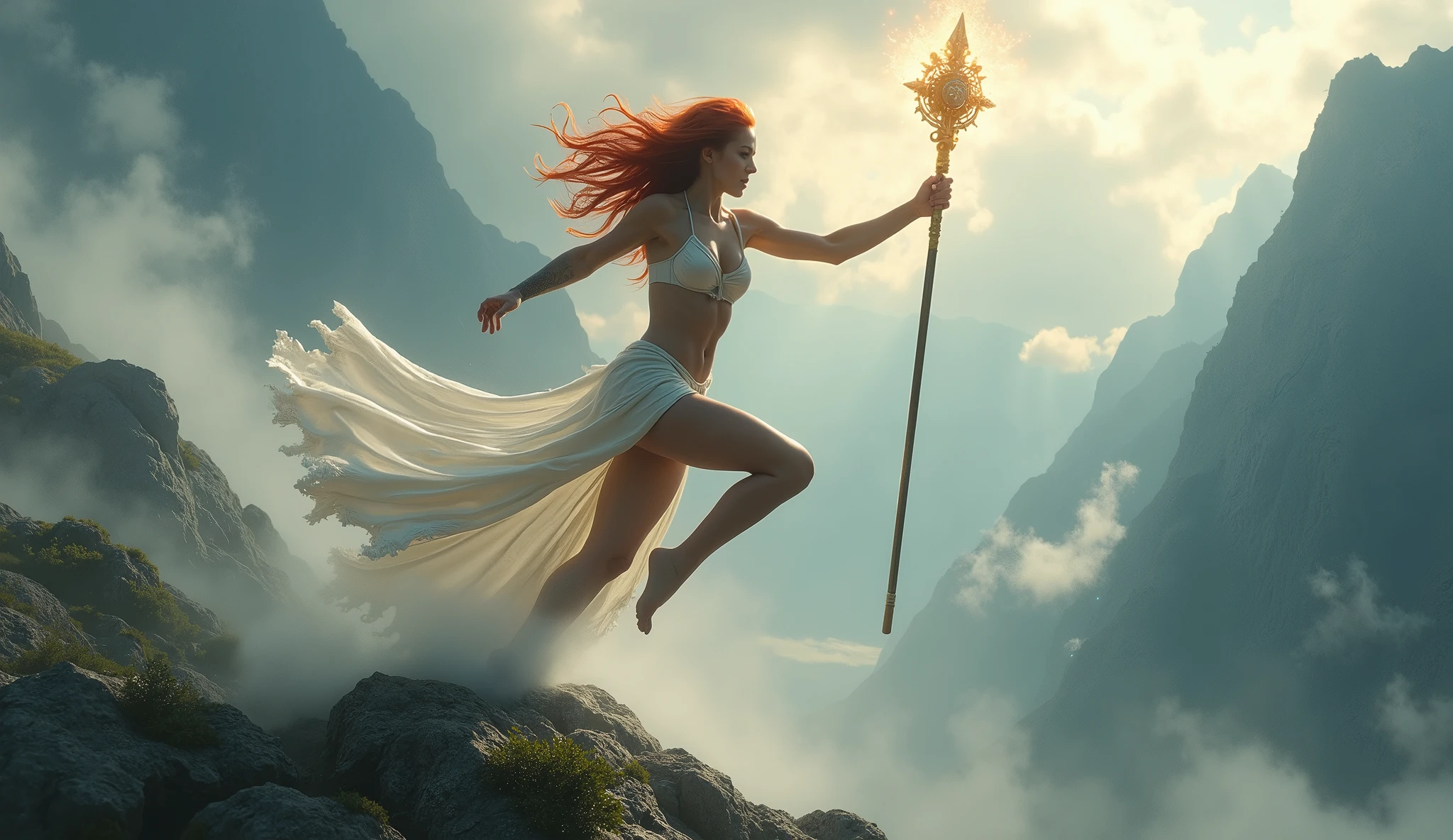 A powerful goddess with fiery red hair and a fierce expression dances energetically atop a mountain peak, surrounded by swirling clouds. She is adorned in a minimalistic, shimmering costume that highlights her toned physique. Her body is adorned with glowing tattoos, and she holds a staff that radiates light. The scene is alive with movement, as beams of sunlight break through the mist, casting dynamic shadows and illuminating the vibrant landscape below. Aim for realistic depiction, make sure photos are at highest resolution (8K)